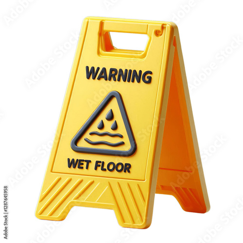 Yellow caution wet floor warning sign with hazard symbol for safety and slip prevention on transparent background, png