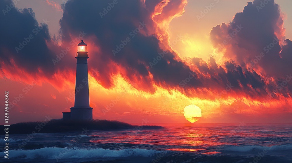 A Stunning Sunset View of Portland Head Light, with its Towering White Lighthouse and Quaint Buildings Perched on a Cliff Overlooking the Ocean, Under a Vibrant Sky with Fiery Colors. A Stunning Sunset View of Portland Head Light, with its Towering White Lighthouse and Quaint Buildings Perched on a Cliff Overlooking the Ocean, Under a Vibrant Sky with Fiery Colors.