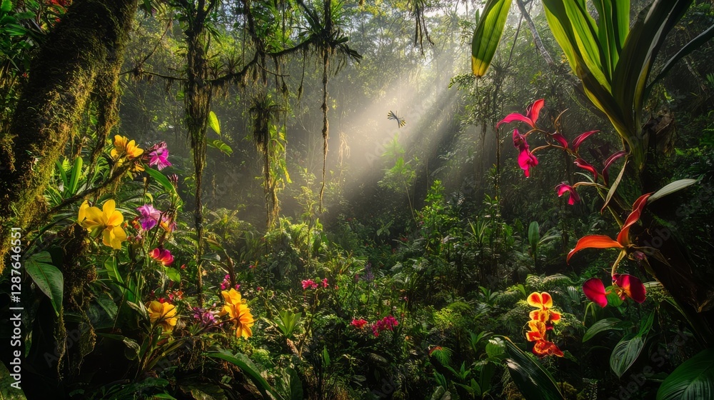 Obraz premium 48.A remote rainforest clearing with vibrant orchids, colorful birds, and a soft beam of sunlight shining through the trees.