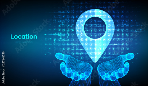Point of location icon made with binary code in wireframe hands. Pointer of map. Gps pointer. Navigation pin point global position system symbol. Digital background with digits 1 0 Vector Illustration