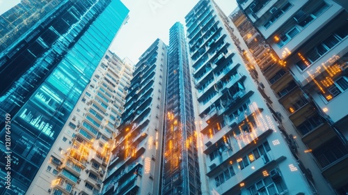 A modern apartment building in Hong Kong with overlapping financial and statistical data, depicting the concept of real estate market fluctuation and crisis.