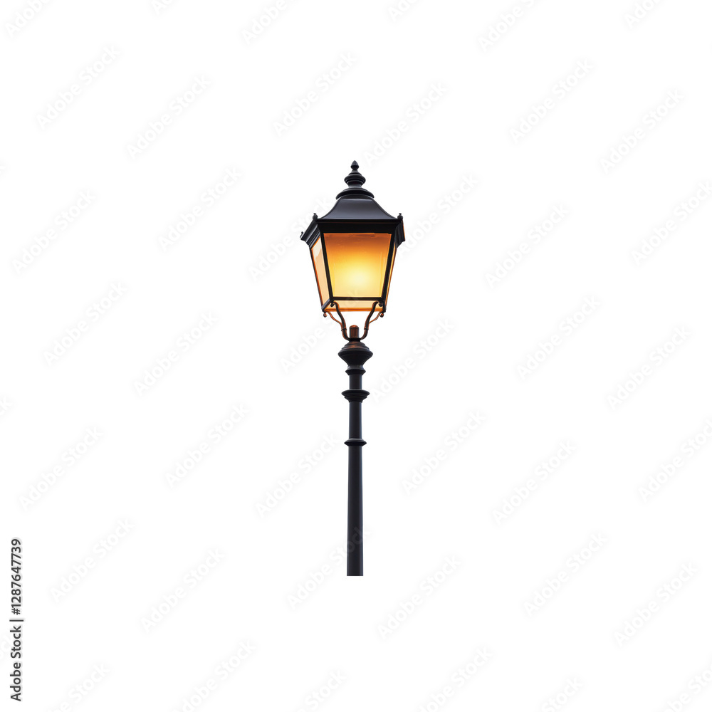 Elegant Street Lantern with Warm Light against White Background Elegant Street Lantern with Warm Light against White Background