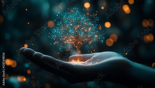 Digital tree in hand, bokeh background