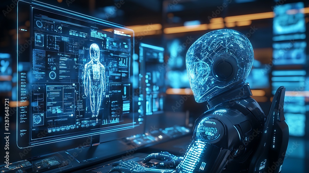 AI-powered customer support center, futuristic glass desks with multi-screen setups, digital assistants displayed as floating AI avatars, agents typing rapidly, glowing holographic keyboards, AI-powered customer support center, futuristic glass desks with multi-screen setups, digital assistants displayed as floating AI avatars, agents typing rapidly, glowing holographic keyboards,
