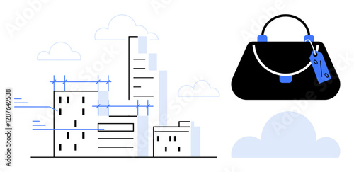 Urban skyline with buildings under construction, scaffolding, and cranes. Sleek black handbag with a blue price tag. Ideal for real estate, fashion trends, modern lifestyle, urbanization