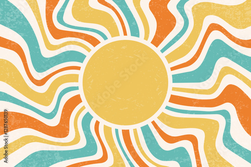 Retro spiral rays background. Vector groovy swirl radial green and orange sun beams. Vintage psychedelic striped funky bg. Cream colored 70s design wallpaper. Hypnotic curve wallpaper