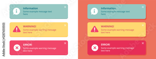 Notifications notice ui interface windows error warning information pop up text elements vector graphic modern set, yellow red blue push messages reminders popup alert web software mockup template
