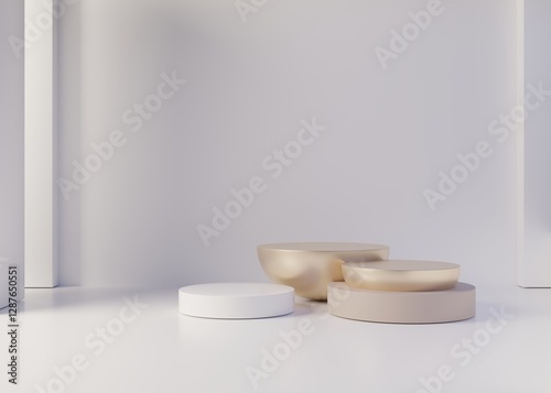 Gold empty podium or pedestal for product presentation. Round mockup platform on white background. 3d rendering