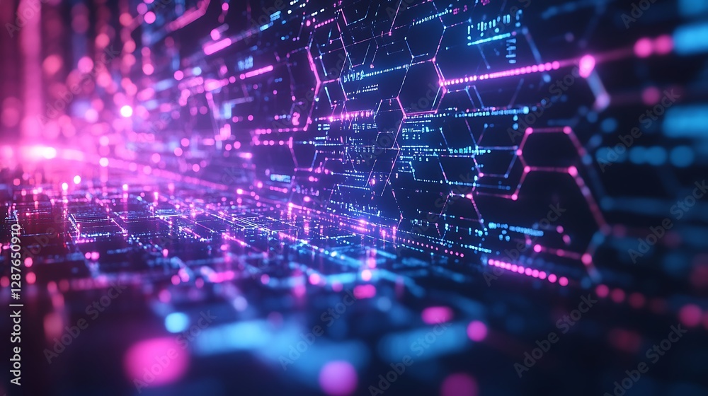 Obraz premium A digital honeycomb grid visualizing economic data, neon hexagons glowing with blue, purple, and pink light, futuristic and abstract, sharp lines and smooth transitions,