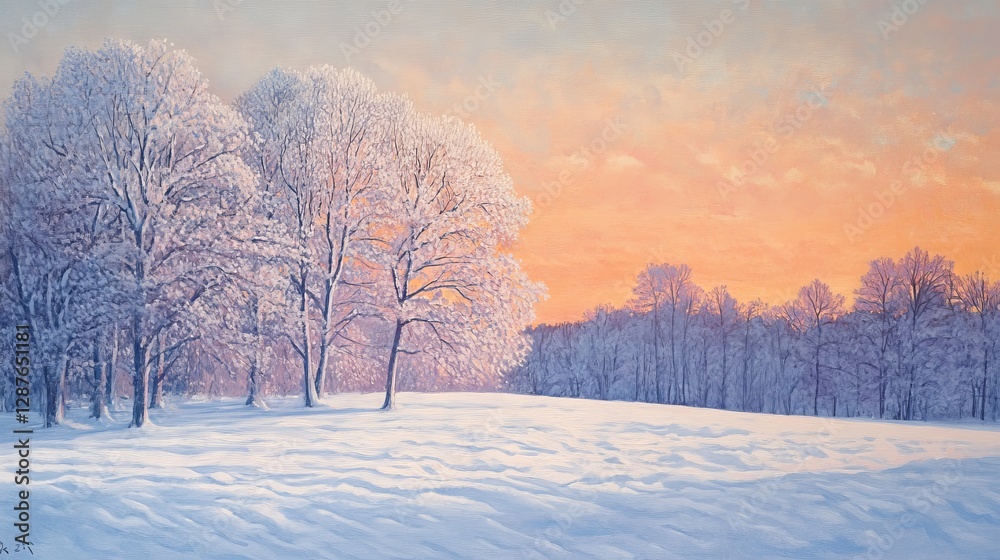 97.97. A winter sunrise over a snow-covered field, with frost-covered trees glowing in the soft light. 97.97. A winter sunrise over a snow-covered field, with frost-covered trees glowing in the soft light.