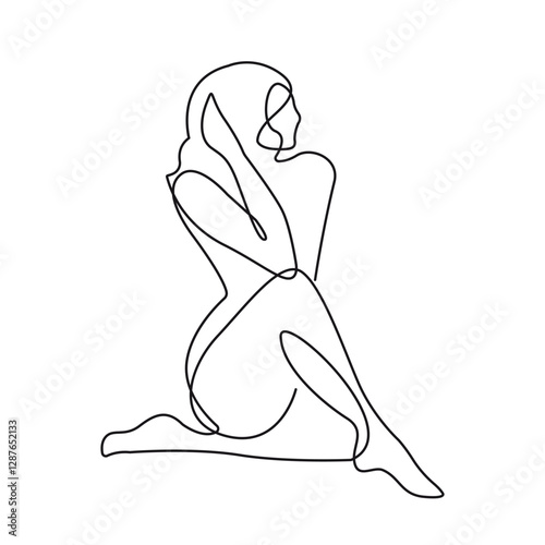 Woman Sitting Pose Continuous One Line Drawing. Female Body Simple Linear Style. Abstract Female Body in Editable Stroke. Doodle Contour Vector Illustration