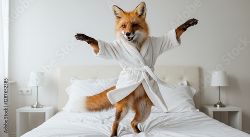 Anthropomorphic fox wearing a bathrobe jumps on a white bed