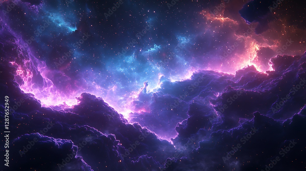 Fototapeta premium A futuristic cosmic trade diagram, glowing stars and vibrant galactic lines forming global trade networks, radiant colors of teal and violet blending into a nebula-filled background,