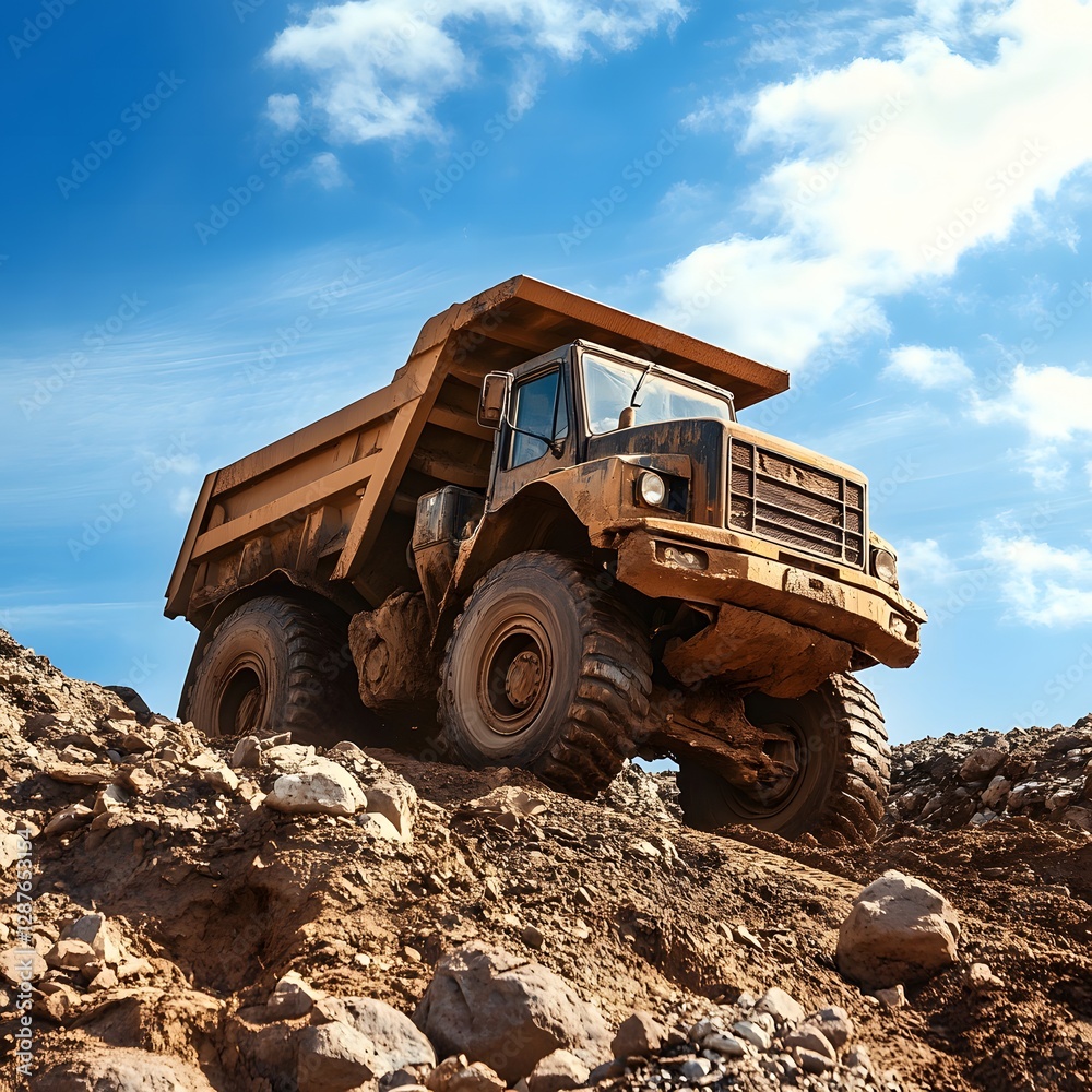 Obraz premium Off-road dump truck climbing a rocky path, muddy tires, blue sky, rugged terrain