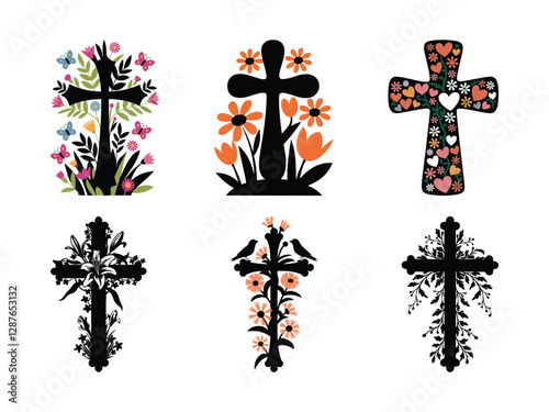 Floral Cross Silhouette | Elegant Christian Easter Design | Inspirational Faith-Based Clipart