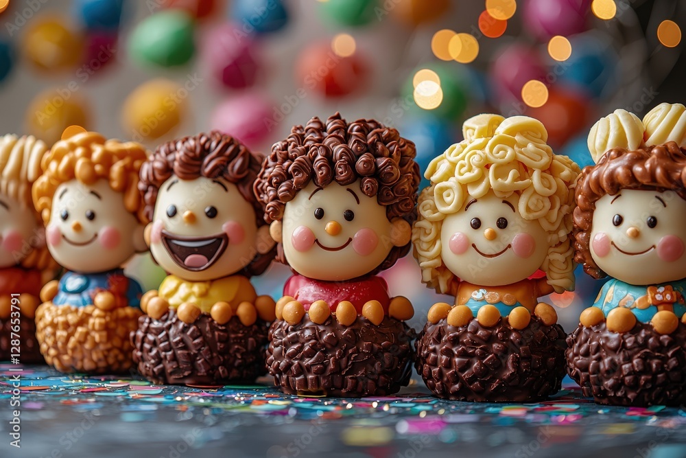 Colorful chocolate cupcake dolls with joyful faces and decorative background Colorful chocolate cupcake dolls with joyful faces and decorative background