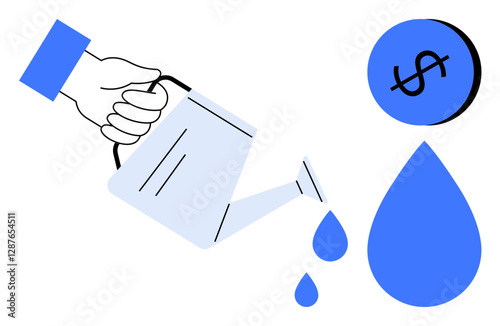 Hand holds watering can, pouring out water drops. Blue dollar sign circle and water drop beside. Ideal for finance, investment, growth, savings, sustainability nurturing wealth. Abstract line flat