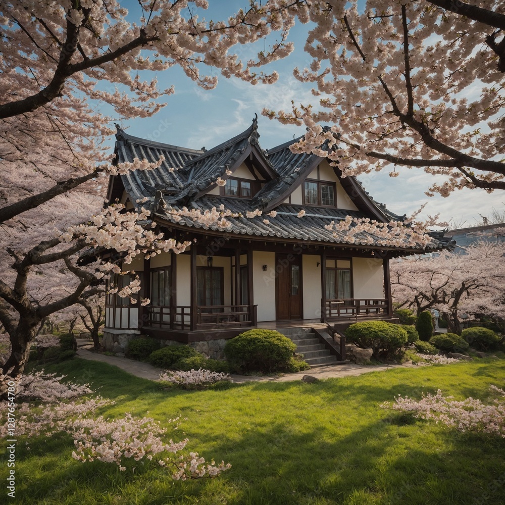 A dreamy house surrounded by cherry blossoms in full bloom. A dreamy house surrounded by cherry blossoms in full bloom.