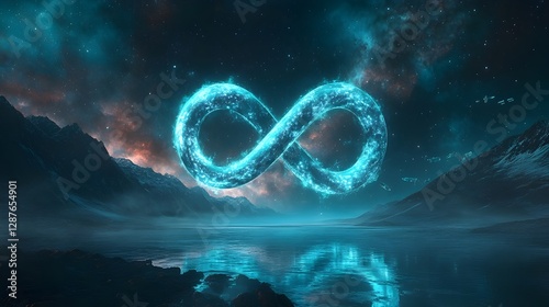 A glowing infinity symbol floats in a starry, cosmic landscape with mountains and a reflective lake, creating a surreal and mystical atmosphere.