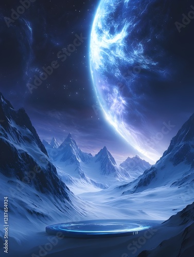 A digital painting of a snowy, mountainous landscape under a large, blue planet. A circular platform sits in the foreground.