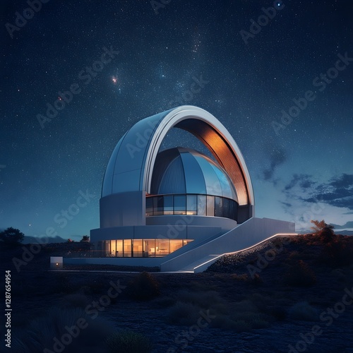 An architectural rendering of a modern observatory at night, under a starry sky.