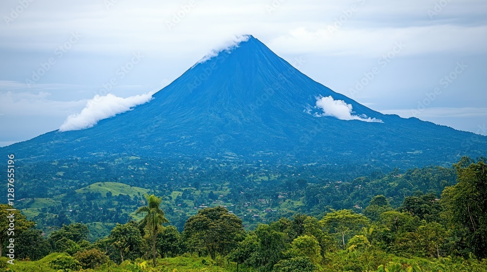 Volcanic peak overlooking lush green valley Volcanic peak overlooking lush green valley