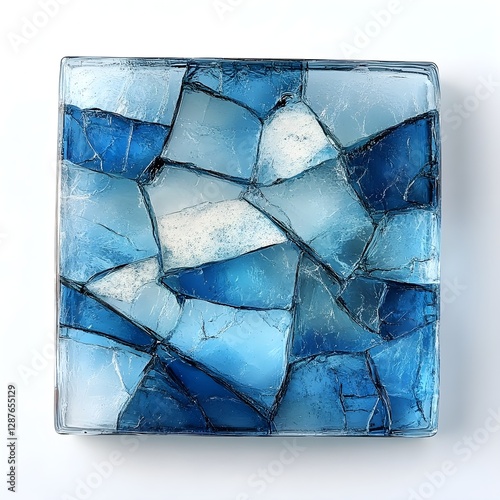 a square piece of art made of irregularly shaped, blue and white glass fragments arranged in a mosaic pattern.