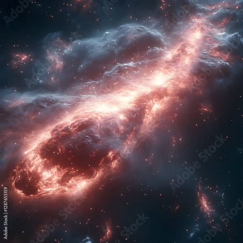 A glowing, fiery nebula with bright, swirling clouds of gas and dust in space, resembling a comet or meteor, set against a dark, starry background.