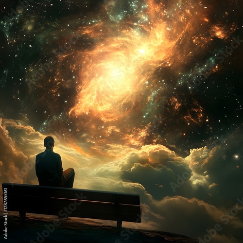 A person sits on a bench, gazing at a swirling, vibrant nebula in a starry sky. The scene is surreal and dreamlike.