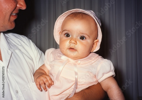 Analog photo of an Infant girl in pink dress and bonnet nestling securely against father's chest, displaying wide eyed wonder and tender familial connection photo