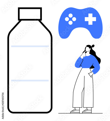 Woman stands thoughtfully beside large water bottle outline and blue gaming controller. Ideal for wellness, lifestyle, decision-making, balance, gaming culture, hydration, mindfulness. Simple