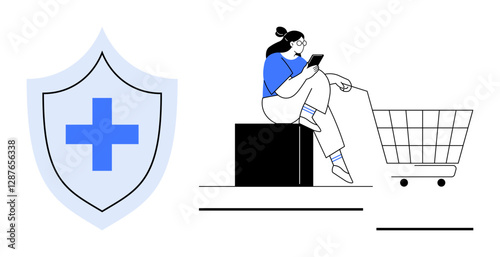 Woman seated relaxed, shopping cart and phone. Shield with medical cross. Ideal for e-commerce safety, online purchases, health protection, digital security, consumer trust, healthcare apps mobile