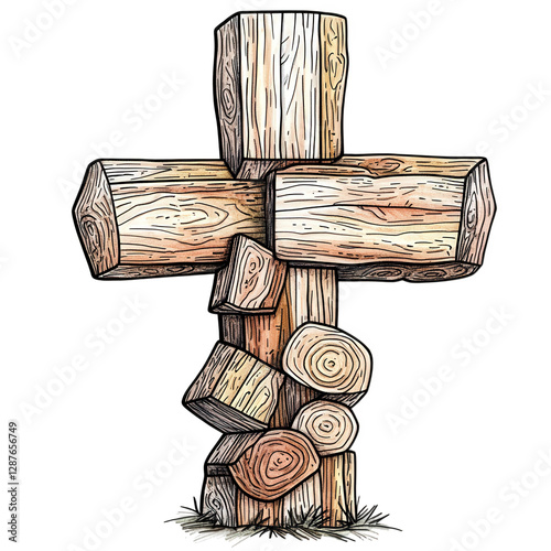 A tastefully illustrated cross made of stylized wooden planks, featuring intricate yet simple hand-drawn details, centered and isolated, transparent background, PNG