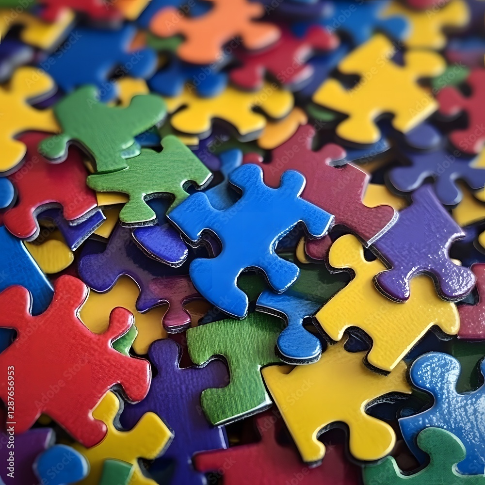 Fototapeta premium Colorful Jigsaw Puzzle Pieces on Red Background Representing Teamwork and Problem Solving