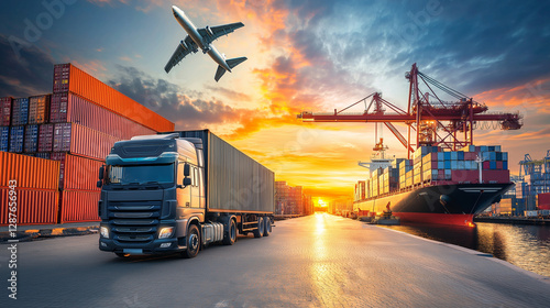 Container truck in ship port for business Logistics and transportation of Container Cargo ship and Cargo plane with working crane bridge in shipyard, logistic import export and transport industry