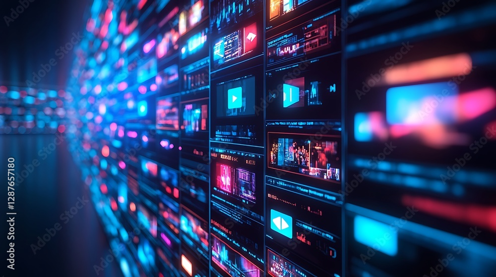 Futuristic Digital Display Wall with Multimedia Content and Colorful Graphics in a High-Tech Environment