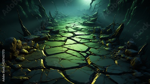 Eerie Dark Green Cracked Surface with Fractured Patterns and Gold Veins