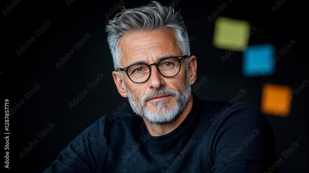 Obraz premium Older man with glasses showcasing a confident expression while seated in a modern workspace with colorful notes in the background