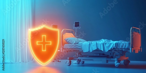 A hospital bed surrounded by a glowing shield representing critical illness insurance ,