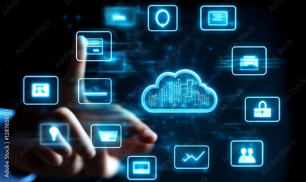 Modern cloud technology and computing concept with man finger on digital touch screen with cloud icon surrounded by internet technology symbols , Modern cloud technology and computing concept with man finger on digital touch screen with cloud icon surrounded by internet technology symbols ,