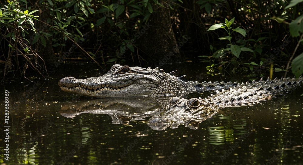 Fototapeta premium Alligator partially submerged in murky water with a reflection