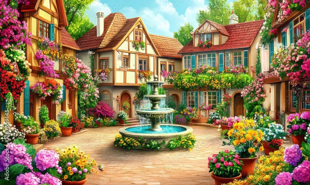 Obraz premium A vibrant courtyard filled with colorful flowers and a central fountain, surrounded by charming houses