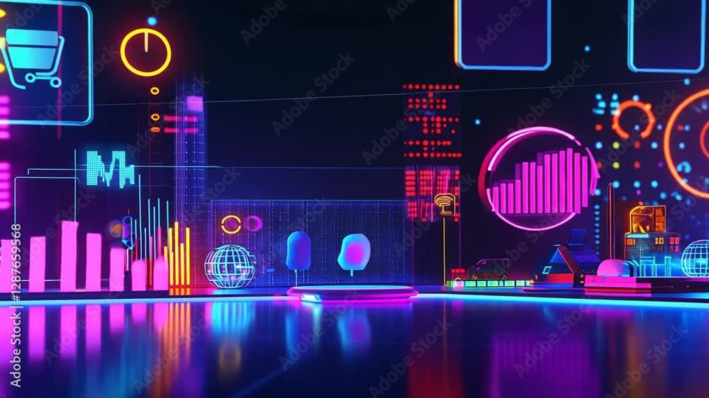 A futuristic neon cityscape with data visualization elements, hinting at online commerce and progress. A futuristic neon cityscape with data visualization elements, hinting at online commerce and progress.