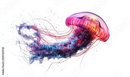 Colorful jellyfish with flowing tentacles on white background for digital art