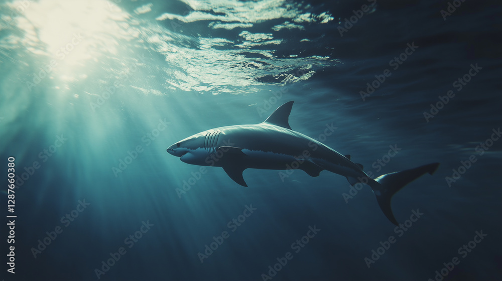 Fototapeta premium Atlantic white shark swimming underwater lighting shade from water surface