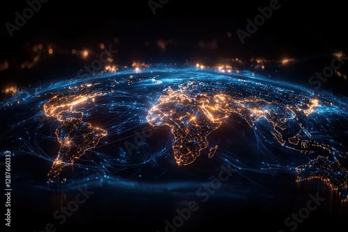 Illuminated world map with global network connection lines and night sky background