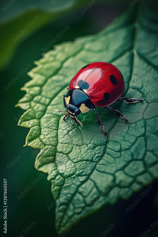 Fototapeta premium Close-up of a vibrant red ladybug with black spots perched on a green leaf