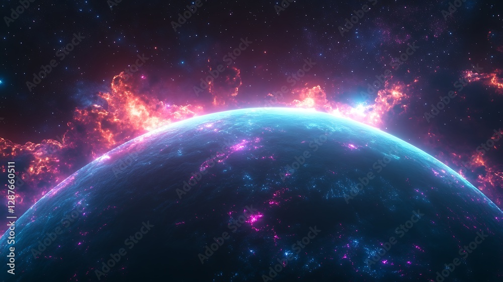 Obraz premium A surreal cosmic depiction of global trade, radiant stars and luminous galactic pathways forming interconnected networks, vibrant hues of cyan, purple, and magenta glowing against a dark starry sky,