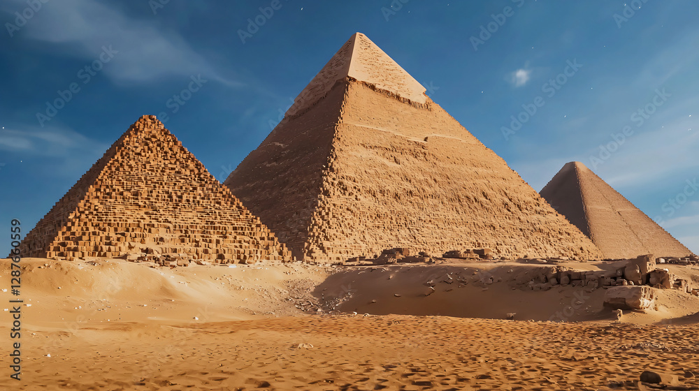 the pyramids of Giza, their towering shapes casting shadows on the desert sand under the deep blue night sky the pyramids of Giza, their towering shapes casting shadows on the desert sand under the deep blue night sky