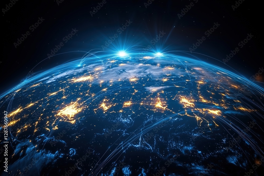 Fototapeta premium High-resolution digital representation of earth from space with illuminated cityscapes and glowing network connections